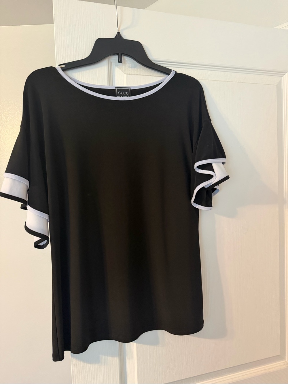 Coco Bianco Black Top with White-Trim Ruffle Sleeves
